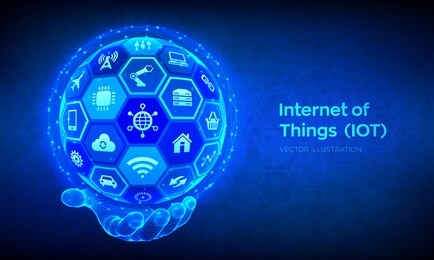 iot. internet of things concept. everything connectivity device concept network, and business with internet. abstract 3d sphere or globe with surface of hexagons in wireframe hand. vector illustration