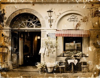 photo in retro style. paper texture./aged textured photo with italian cities