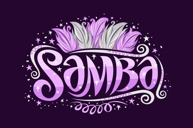 vector logo for brazilian samba, decorative sign board for samba school with illustration of purple and silver bird feathers, curls and stars, original brush script for word samba on dark background.