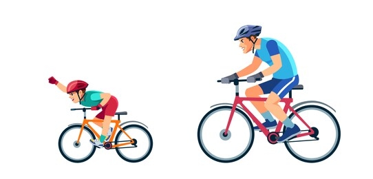 father and son are riding bikes. happy family is riding bikes outdoors and smiling in the park. boy is ahead of his father.  cartoon, flat vector illustration isolated on white background.