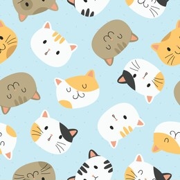 cats seamless pattern vector design. cute cats head with funny expressions isolated in blue background. animal vector background template for kids.