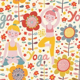 yoga training in flowers - concept seamless pattern in vector. beautiful girls in bright flowers in cartoon style. healthy background 