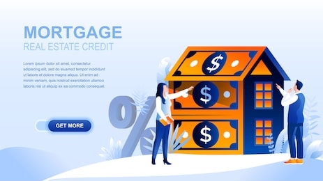 mortgage flat landing page with header, banner vector template. loan to buy real property, real estate, housing, accomodation website layout. people cartoon characters, house made of dollar banknotes