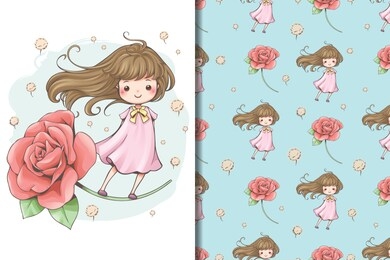 seamless pattern and wallpaper template cute fairy tale, rose and grss flower set, kawaii character cartoon design, gift wrapping pattern, screen wallpaper, cards and postcard.