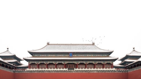 the meriden gate of the forbidden city with snow on its roof and birds flying above. the wooden tablet says “the meriden gate”. photoed in winter, beijing, china.