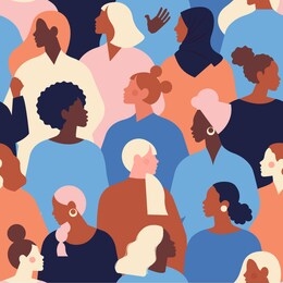 female diverse faces of different ethnicity seamless pattern. women empowerment movement pattern. international women's day graphic in vector. 