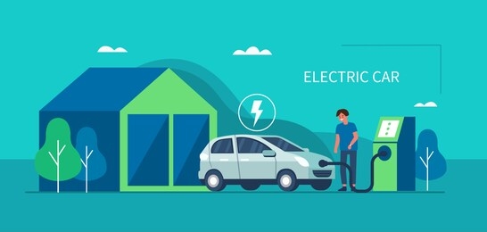 man character standing near electric recharge station and charging an electric car battery. modern hybrid auto. new alternative energy vehicle. futuristic transport concept. flat illustration.