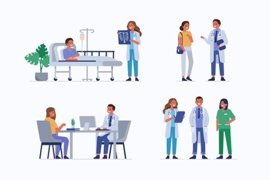 medical staff and patients. female doctor check patients x-ray in clinic. male doctor therapist consulting woman. healthcare team in hospital. medical people characters set. flat illustration. 