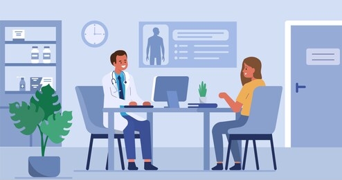 
woman talking with man doctor in his office. patient having consultation with doctor therapist in hospital. male and female medical people characters. flat cartoon illustration. 