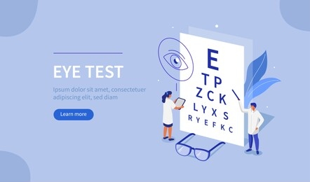 doctor ophthalmologist and nurse standing near eye test chart. medical character checking vision. eyesight check up and glasses choosing. ophthalmology concept. flat isometric illustration. 