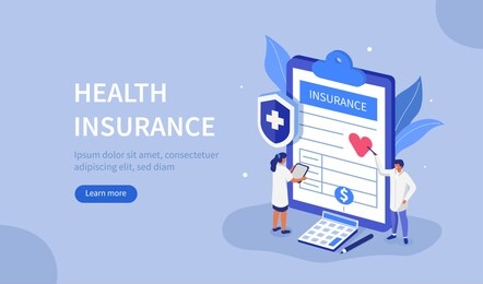 doctors characters stand near health insurance contract. staff in hospital office filling medical document form. health care concept. flat isometric illustration.
