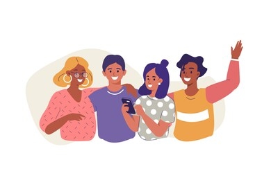 friends standing together. diverse people group portrait. happy woman and man characters hugging, laughing and having fun. young creative team. friendship concept.  flat cartoon illustration. 