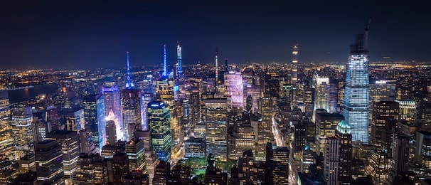 aerial view of manhattan new york at night