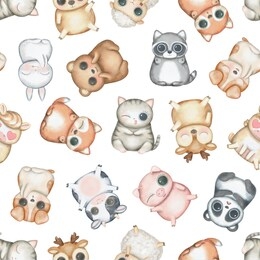 seamless pattern with kawaii cartoon cute deer, fox, raccoon, panda, bear, pig, sheep, cat, dog, horse, cow and bunny with diverse emotions. watercolor hand drawn illustration