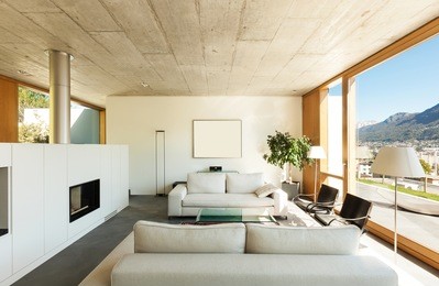 beautiful modern house in cement, interiors, view from the living room