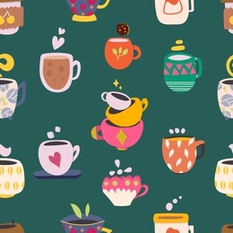 set of various cups with tea or coffee. hand drawn colored trendy vector seamless pattern on the green background. flat design. eps 10.