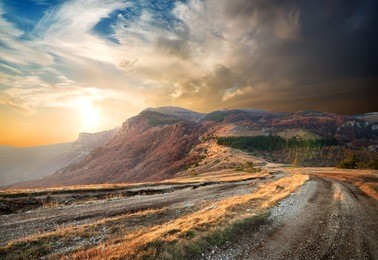 beautiful sunrise in the autumn mountains of crimea