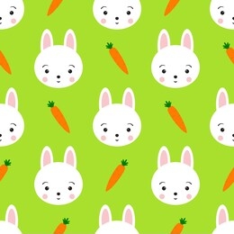 cute rabbit bunny seamless pattern. kawaii little animal face and carrot on bright green background. design for kid, child, baby, clothes, gift, scrap paper, wallpaper. vector endless repeat  ornament