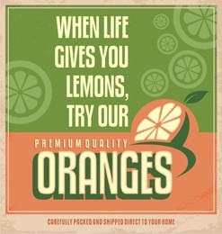 vintage promotional web banner for healthy food. fresh organic oranges graphic design concept for ads or signs. retro poster with "when life gives you lemons..." quote.