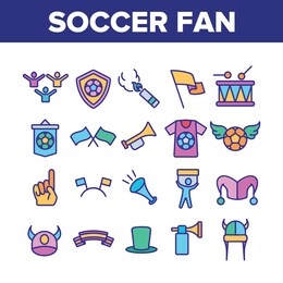 soccer fan equipment collection icons set vector thin line. soccer ball with wings and shield, flags and ribbons, t-shirt and drum concept linear pictograms. color contour illustrations