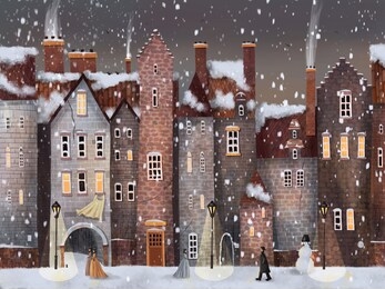 night or evening christmas winter street city with snowfall, women, men, kitten and snowman. hand drawn illustration.
