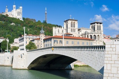 classical view on lyon over the saone river in a sunny summer day