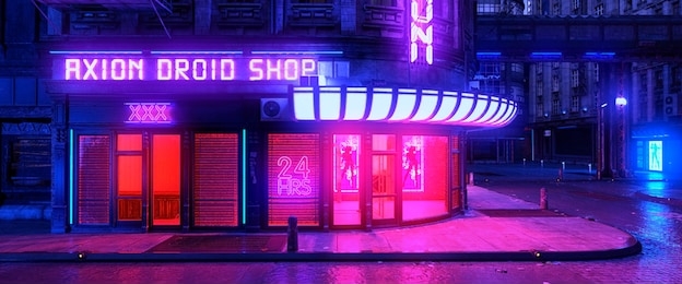 colorful neon night in a futuristic city. storefront with bright neon lights. cityscape in the style of cyberpunk. 3d illustration. beautiful urban wallpaper.