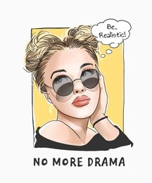 no more drama slogan with cartoon girl in sunglasses illustration