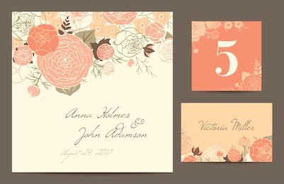 set backgrounds to celebrate the wedding. invitation card, table number, guest card. vector illustration. modern composition of coral roses, buttercups and carnations on a beige background.