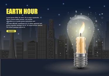 earth hour web banner vector template. burning candle inside of light bulb on night city background. earth hour worldwide energy saving annual environmental campaign.