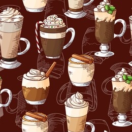 winter seamless pattern. cups with hot drinks on hand drawn style. sketch vector illustration.