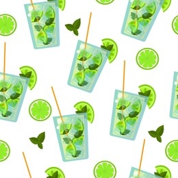 
seamless pattern: isolated mojito cocktails with lime and mint on a white background. invigorating background from a drink. flat vector. illustration