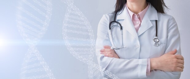 genetic engineering concept. cropped of successful woman doctor posing on light background with dna model, panorama with copy space