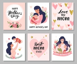 set of happy mothers day greeting cards-  calligraphy backgrounds and cartoon mom with daughter & son. vector illustration.