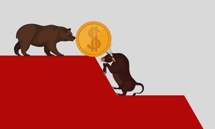 bullish vs bearish symbol on the stock market. this photo concept is to illustrate the price struggle between sellers and buyers in the dollar currency stock market.

