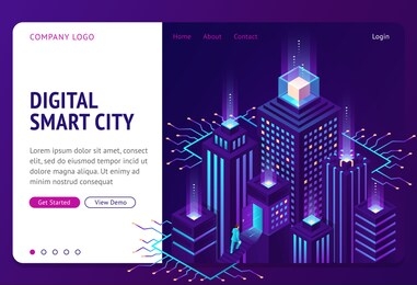 digital smart city isometric landing page. businessman going upstairs to open door in neon glowing intelligent building with microcircuit elements. iot technology 3d vector illustration, web banner