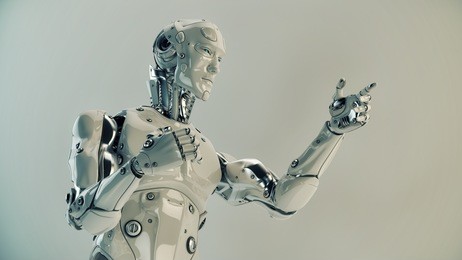 stylish futuristic cyborg gestures with its strong muscular arms / robot gestures
