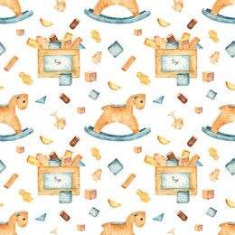 wooden toys and a rocking horse on a white background. watercolor seamless pattern