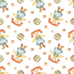 children's toys doll and ball on a white background. watercolor seamless pattern