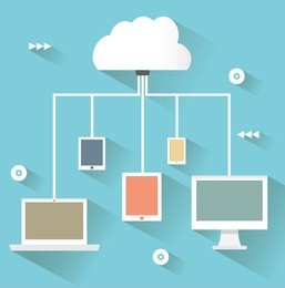 flat design concept of cloud service and mobile devices with long shadows. process of upload and download - vector illustration