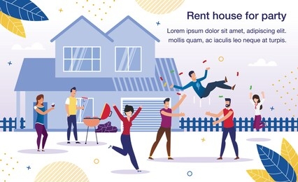 rental house for party trendy flat vector advertising banner, promo poster template. happy people, group of friends cooking barbeque on house backyard, celebrating birthday or holiday illustration