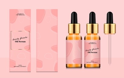 set collection of beauty fashion cosmetic serum oil cream medical skincare of dropper bottle glass, liquid essential collagen mockup product, vector illustration