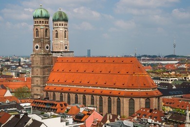 view of the late gothic cathedral of our dear lady (frauenkirche) in munich