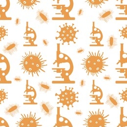vector seamless pattern microscope, microbe, virus, bacteria, disease germs microorganism on white background. lab. biology, medicine, pharmacy, experiment science design for websites, wrapping, print
