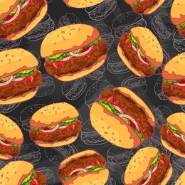 tasty juicy greasy hamburger. american cuisine. burger with beef patty, ketchup, pickled cucumbers and onions. fast food. hand drawing. chalk board. seamless background with pattern.