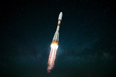 rocket flies on the background of the starry sky, real spaceship in flight, launch rocket. flying rocket 