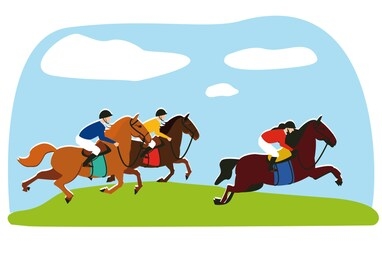 equestrian, derby sport flat hand drawn color illustration. stallion. equestrianism. racehorse hand drawn clipart. horse racing competition.professional jockeys, riders. hippodrome, isolated. 