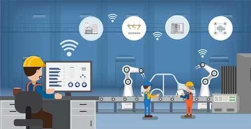 automation industry concept with robots and machines flat design vector illustration