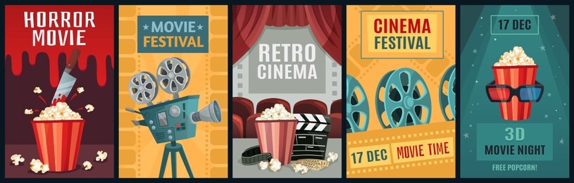 movie poster. horror film, cinema camera and retro movies night posters template. old movie festival invitations cards, cinematography ticket or brochure  illustration set