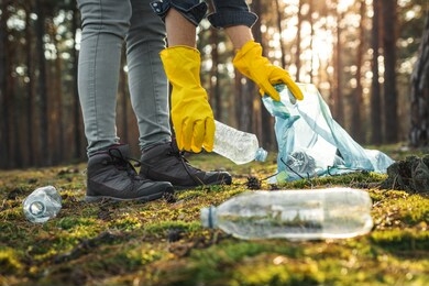 volunteer cleaning forest from plastic pollution. hands with protective glove picking up plastic bottle. environmental issues. sustainable lifestyle for green and clean nature. 